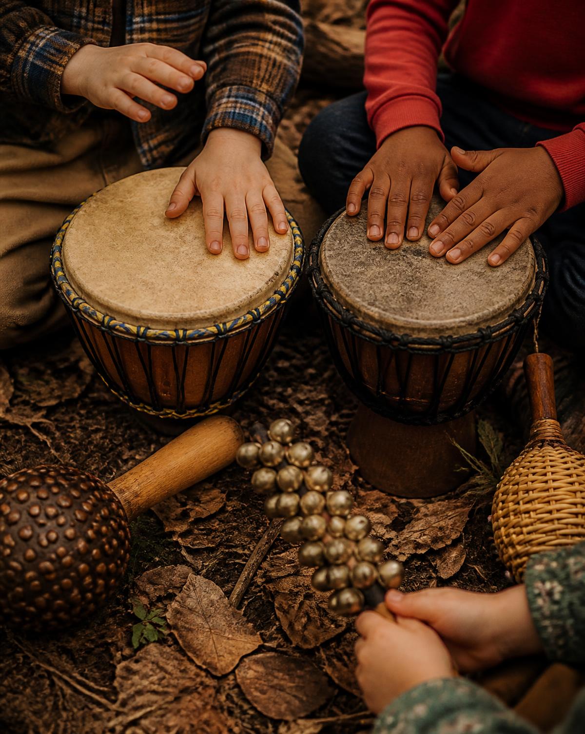 Manos de chicos tocando percusión sobre el suelo del bosque